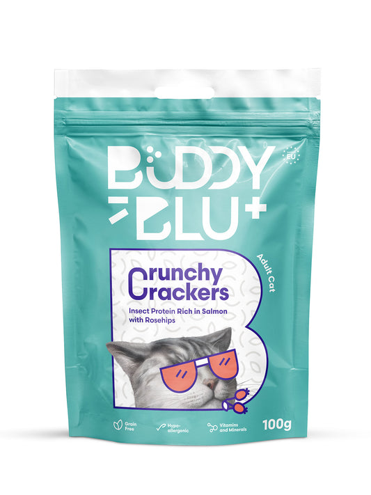 Buddy & Blu Crunchy Crackers cat treats insect salmon