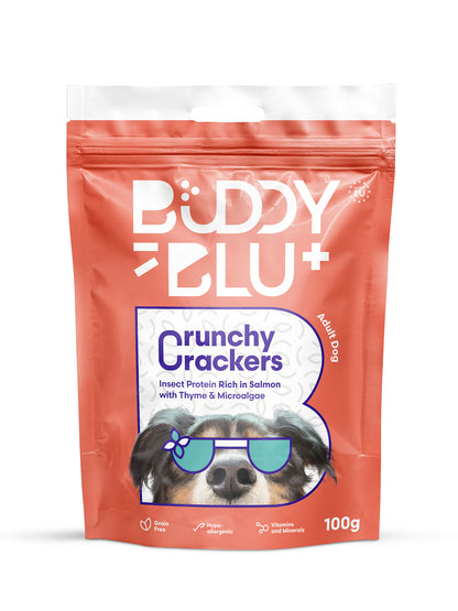 Buddy & Blu Crunchy Crackers dog treats with insect protein and salmon